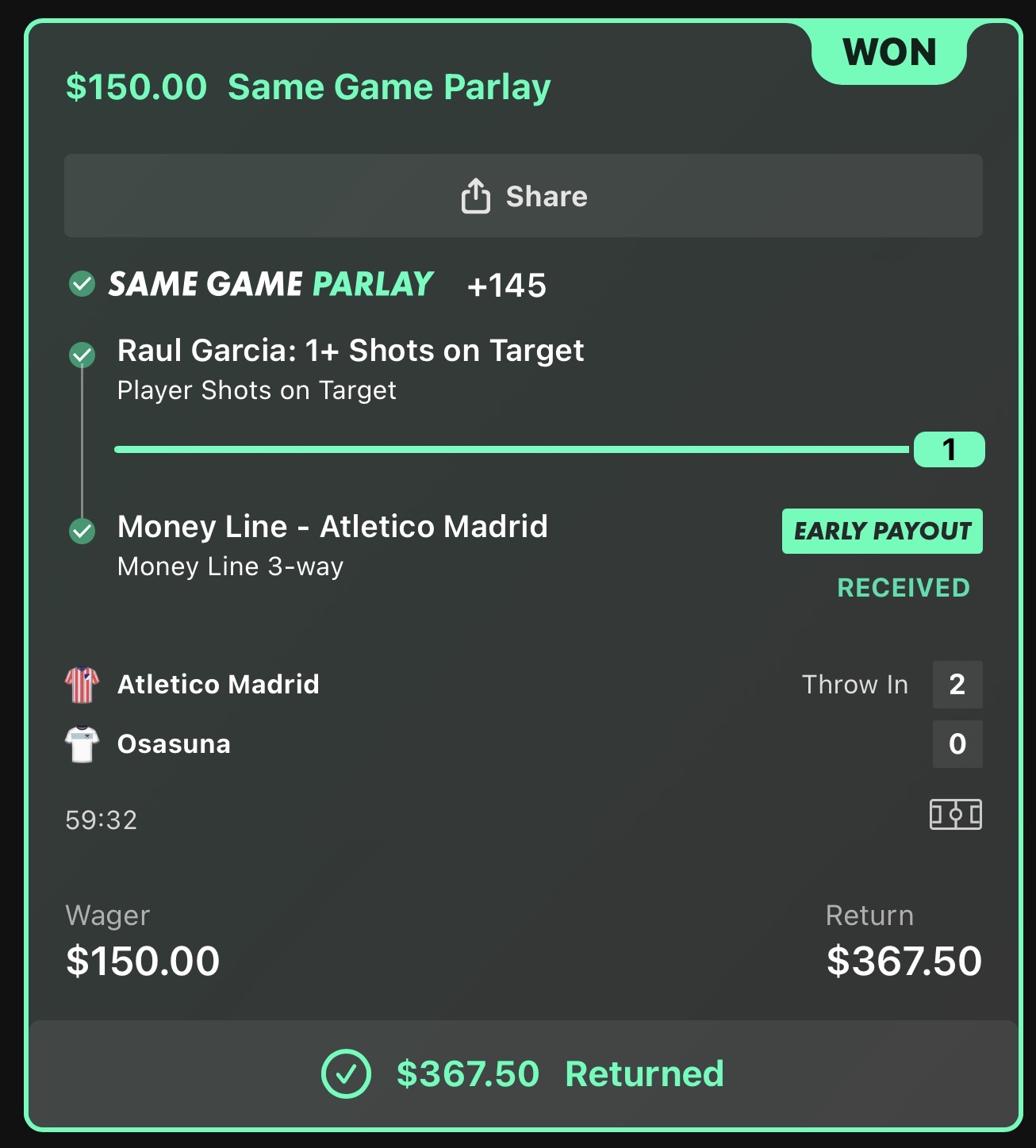 Atlético Madrid SGP winning ticket