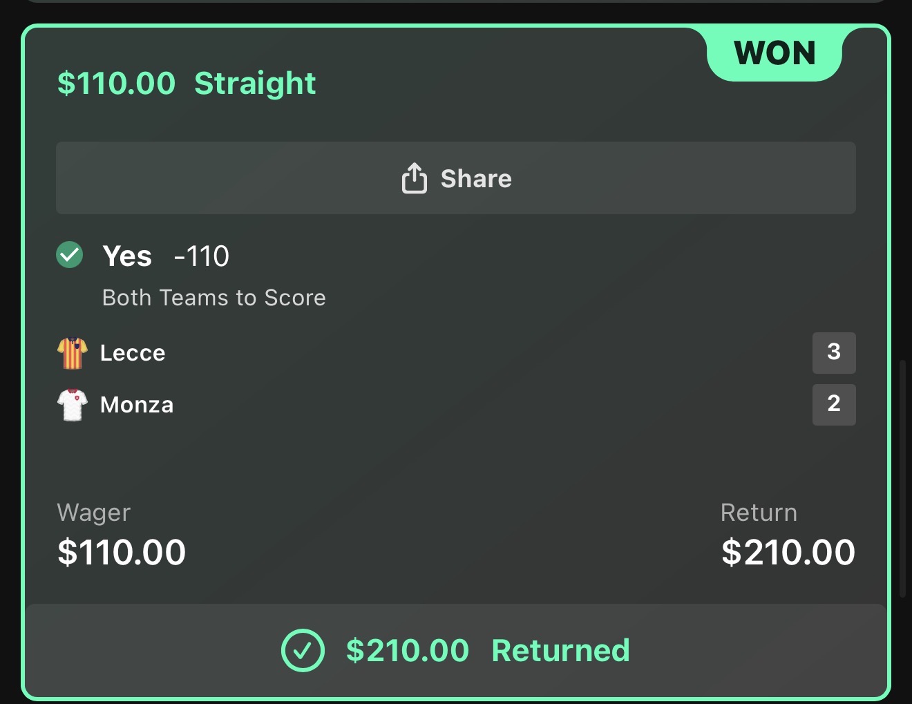 Lecce vs Monza BTTS Yes winning ticket